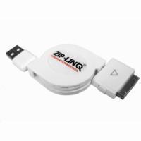 White Round Retractable iPod/iPhone USB Charge & Sync Cable 32 Inch    ZIP-DATA-A03